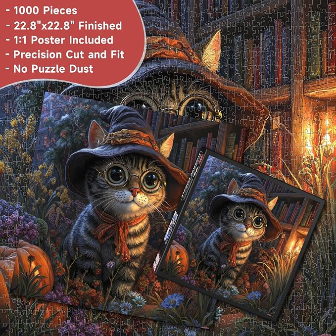 Whimsical Wizard Cat 1000 Piece Jigsaw Puzzle for Adults - Magical Library Scene with Pumpkin & Candles, Poster & Lettered Back, 22.8" Square HD Quality, Unique Gift for Cat & Fantasy Lovers