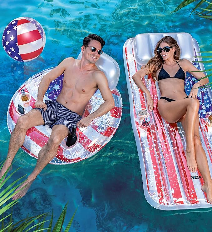 POZA Inflatable USA Pool Float - Luxurious Fun Lounger Filled with Sparkle Silver Stars Confetti, Cool USA Flag Design Water Swimming Pool Floaties for Beach, Lake & Pool