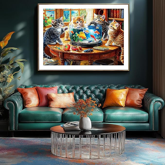 500 Piece Jigsaw Puzzles for Adults - Kittens & Goldfish Library Scene Puzzle,Cute Cats Puzzle with Letters on Back Perfect Game Night Gift for Family Seniors(23x15 Inch)