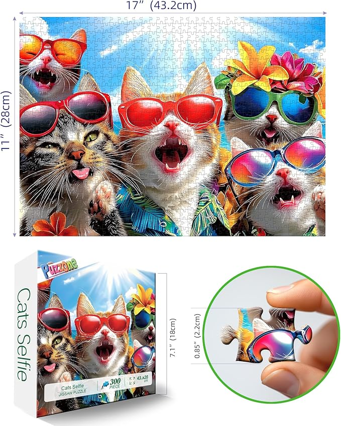 Puzzle for Adults 300 Pieces, Summer Cat Beach Jigsaw Puzzle for Adults Vibrant Animal for Fun Family Game Challenge Gift Decoration (17 x 11 Inch)