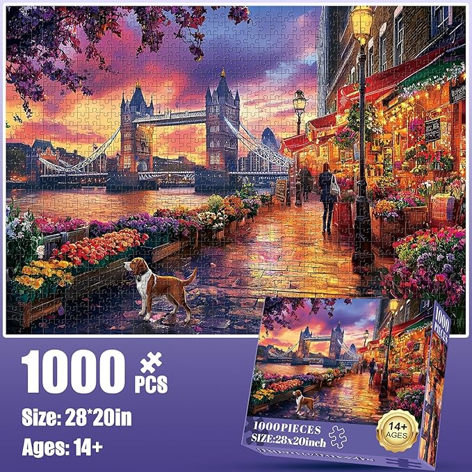 1000 Piece Puzzle for Adults, Tower Bridge of London Puzzles, Street Scenes Jigsaw Puzzles 1000 Pieces, Fun Landscape Puzzle for Adults Kids Seniors,Challenging Family Game Great Gift Idea, 28*20 in