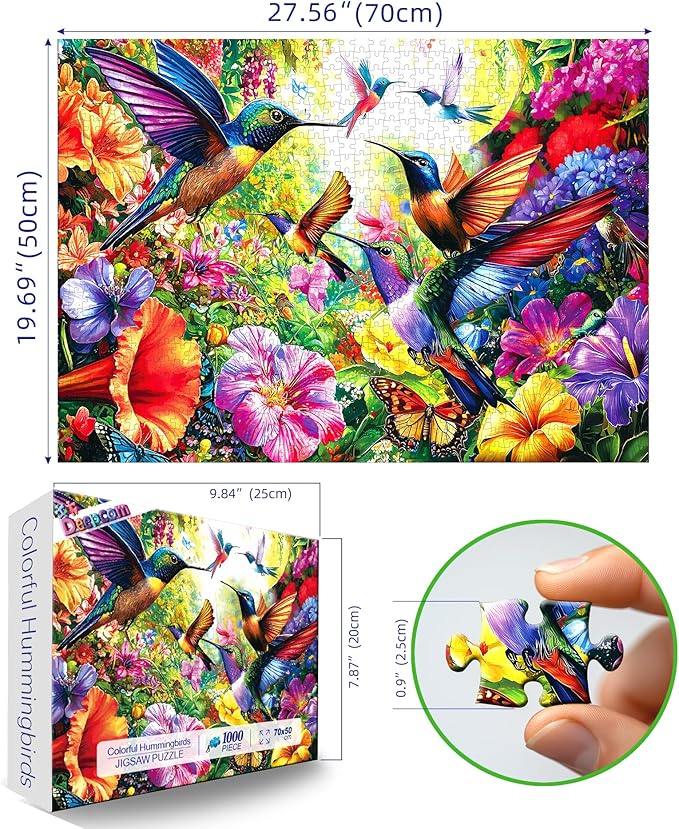 1000 Piece Hummingbird Jigsaw Puzzle - Vibrant Floral Bird Garden with Butterflies, Colorful Nature Art Puzzle for Adults and Families