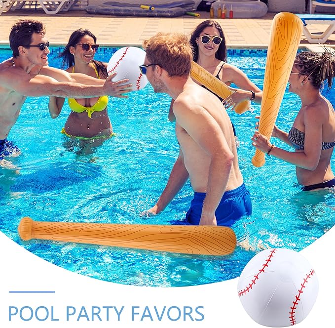 9 Pack Inflatable Bat Set Include 6 Pcs 32 Inch Blow up Baseball Bat and 3 Pcs Ball Inflates Inflatable Wood Grain Bat for Summer Pool Sports Theme Birthday Party Favors