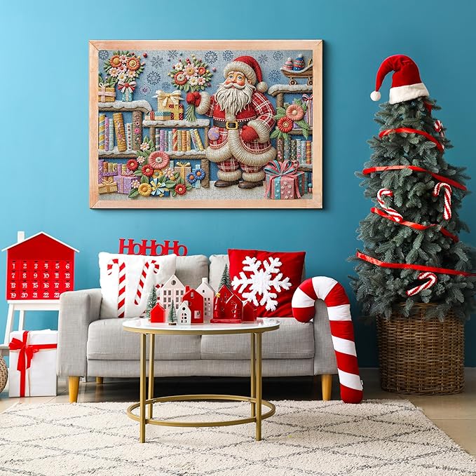 Christmas Puzzles for Adults 1000 Piece, Santa Claus Bookshelf Jigsaw Puzzle, Flower Book Puzzle as Funny Winter Holiday Xmas Decor