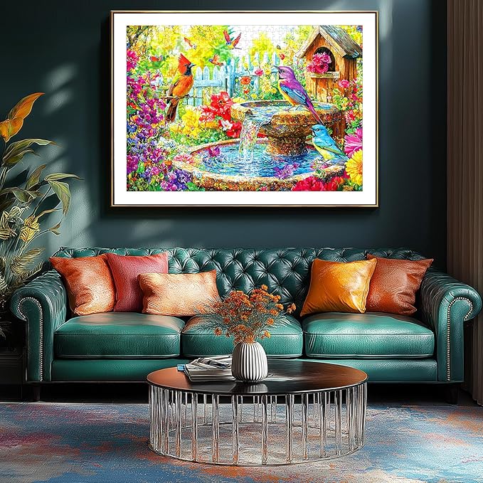 500 Piece Jigsaw Puzzle for Adults Spring Garden Scene with Colorful Birds, Birdhouse & Fountain, Large Piece Relaxing Puzzles Adult Puzzle Gift (23x15 Inch)