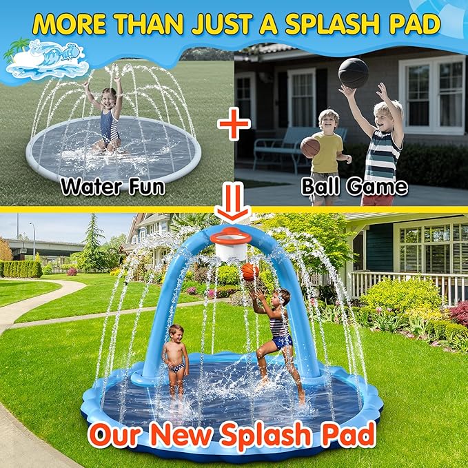 Splash Pad for Kids and Dog, 110" 2-in-1 Large Sprinkler Mat with Basketball Hoop and Arch for Kids Outdoor Play, Shoot Game for Backyard, Inflatable Water Toys More Fun for Boys and Girls
