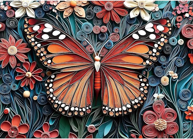 MINIWAN 3D Quilling Paper Art Monarch Butterfly 1000 Piece Puzzle for Adults, Paper Quilled Floral Monarch Jigsaw Puzzle, Gift for Butterfly & Art Lovers 27.5x19.7 Inch