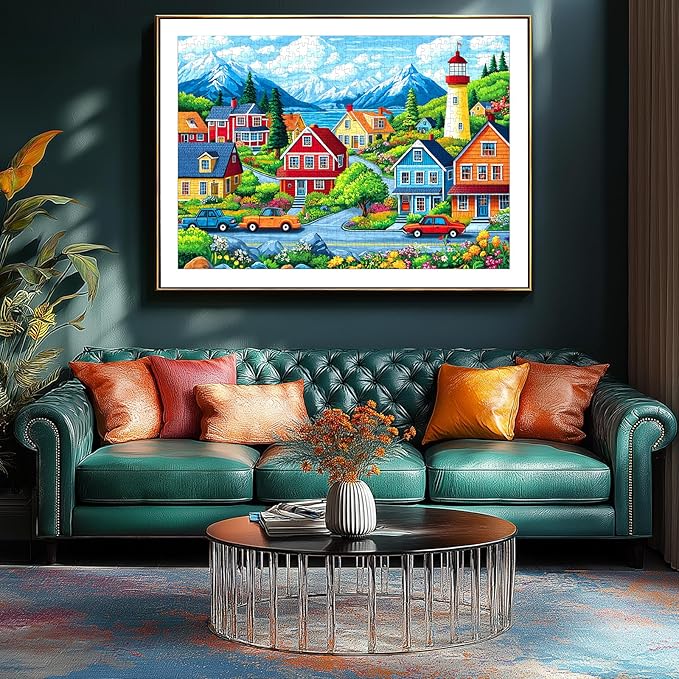 1000 Piece Jigsaw Puzzle for Adults, Coastal Village Scene with Lighthouse and Mountain View, Stress Relief & Family Bonding Game, 27.56x19.69 Inches Home Decor