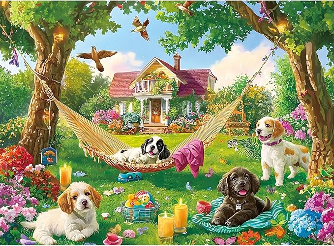 500 Piece Puzzles for Adults, Garden Dogs Jigsaw Puzzles for Adults Teens Seniors, Funny Dogs Charming Swing Puzzle with Letters on Back, Impossible Puzzle, Challenging Family Game Nights 20.5x15in