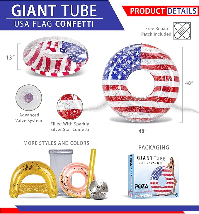 POZA Inflatable USA Pool Float - Luxurious Fun Lounger Filled with Sparkle Silver Stars Confetti, Cool USA Flag Design Water Swimming Pool Floaties for Beach, Lake & Pool
