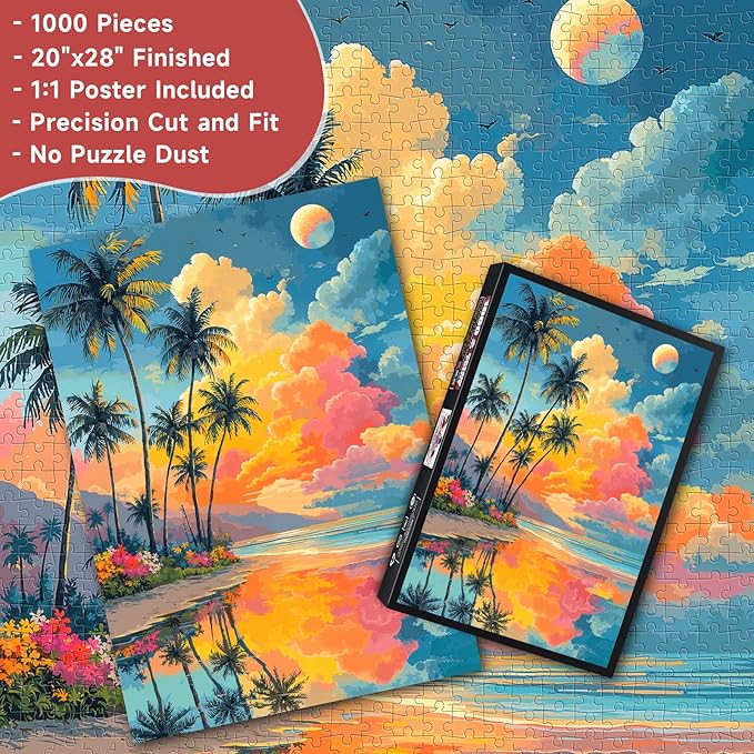 Tropical Sunset Beach 1000 Piece Puzzle for Adults - Macaron Color Palette Art, Mirror Lake Palm Tree Scene, Poster & Lettered Back, 20"x28" HD, Gift for Travel & Art Lovers