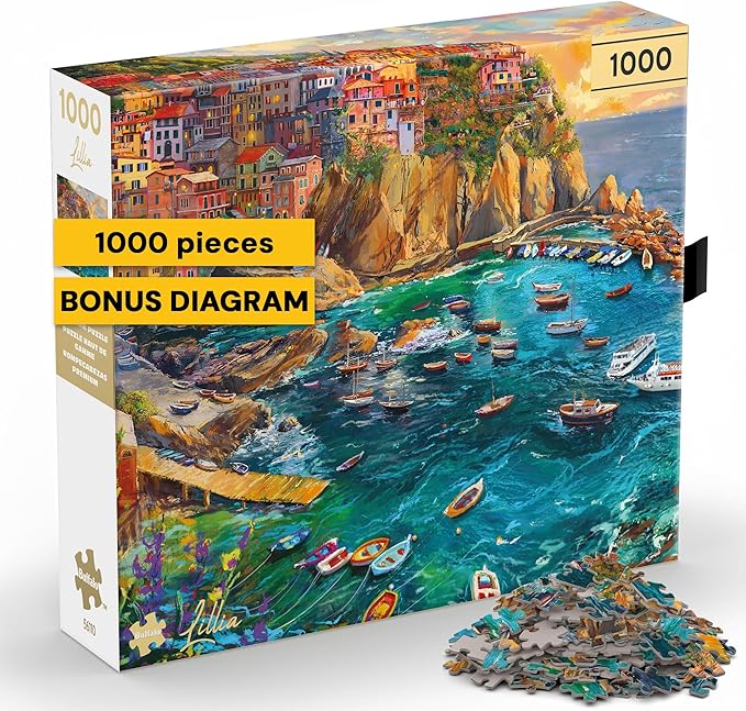 Buffalo Games – Cinque Terre Seas – 1000 Piece Jigsaw Puzzle - Premium Gold Collection Giftable Puzzle for Adults – Precision-Cut Pieces, Beautiful Artwork, and Hours of Relaxing Fun