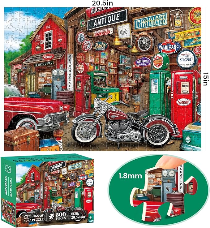 500 Piece Puzzle for Adult,Antiques Garage Puzzle for Adult,Retro Car Style Jigsaw Puzzle,Home Decor,Interlock Perfectly Letter on Back No Dust,Challenging Family Game for Friends Men Women,20.5*15 In