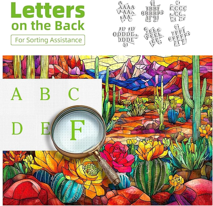 Stained Glass Desert Landscape Jigsaw Puzzle for Adults 500 Piece, Colorful Cactus and Mountain Scene Difficult Puzzles Perfect for Game Night, Gift for Nature Lover, Relaxing & Decor, 20x20 in