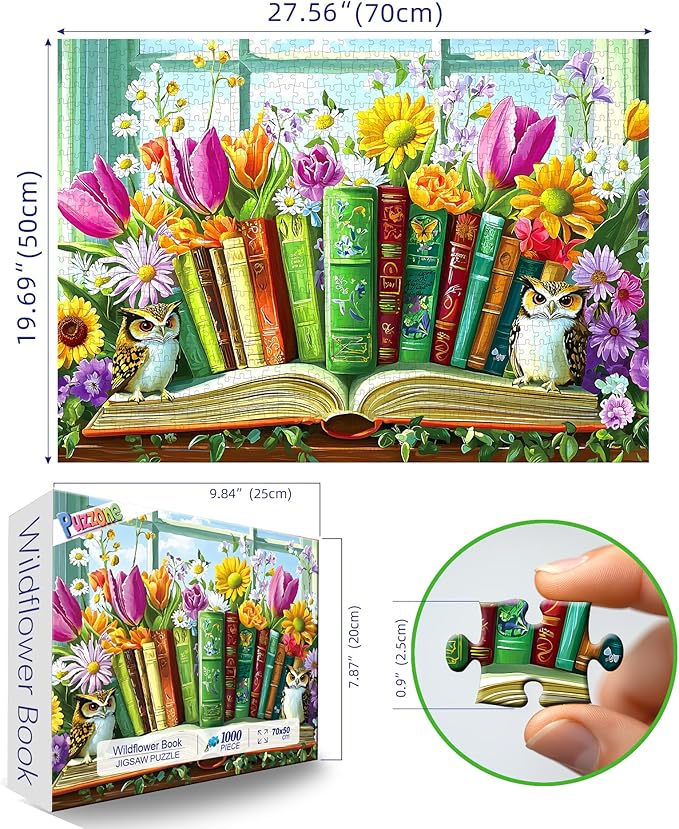 Puzzles for Adults 1000 Pieces, Wildflower Book & Owl Jigsaw Puzzles for Adults, AImpossible Hard Difficult Challenging for Family Fun Party Game Gifts Decoration, 27.5 x 19.7 inch