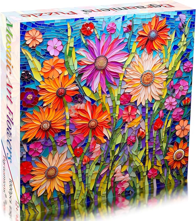 Bgraamiens-Mosaic Art Flowers-1000 Pieces Puzzle for Adults, Stained Glass Jigsaw with Flowers, Impossible Puzzle Color Challenge Hard Puzzles for Adults