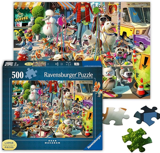 Ravensburger - The Dog Walker - 500 Piece Large Format Jigsaw Puzzle - Vibrant, Bold Colors - Laugh Inducing Details - Overworked Dog Walker - Premium Quality - Puzzles for Adults