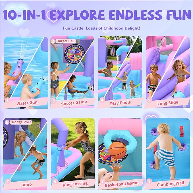 10-in-1 Inflatable Water Slide for Kids Giant 19.3Ft x 16.6Ft Backyard Water Park with Dual Slides, Deep Pool, Outdoor Bounce House Water Slide with Sports Zone, Includes 850W Blower