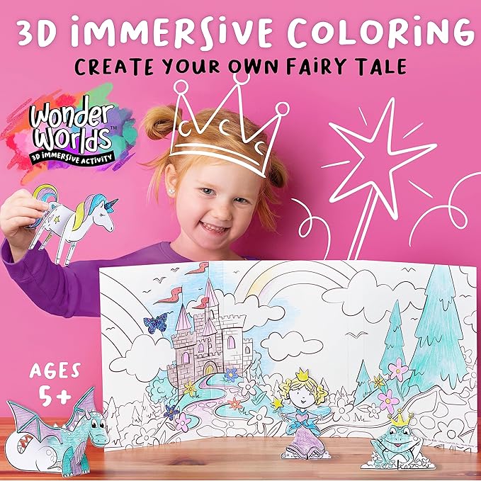 Creativity for Kids Wonder Worlds 3D Coloring Book: Fairy Tale - Unicorn and Princess Kids Coloring Art Set, Boys and Girls Gifts (Ages 5+)