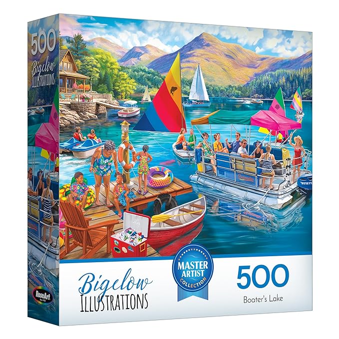 RoseArt - Bigelow Illustrations - Boater's Lake 500 Piece Jigsaw Puzzle, Summer Lake Puzzle for Adults