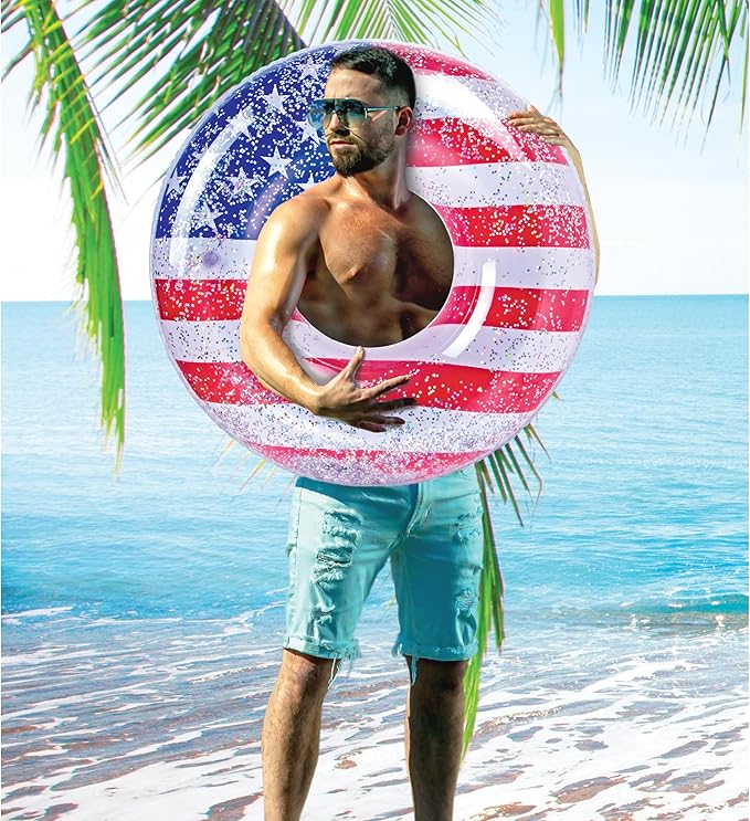 POZA Inflatable USA Pool Float - Luxurious Fun Lounger Filled with Sparkle Silver Stars Confetti, Cool USA Flag Design Water Swimming Pool Floaties for Beach, Lake & Pool