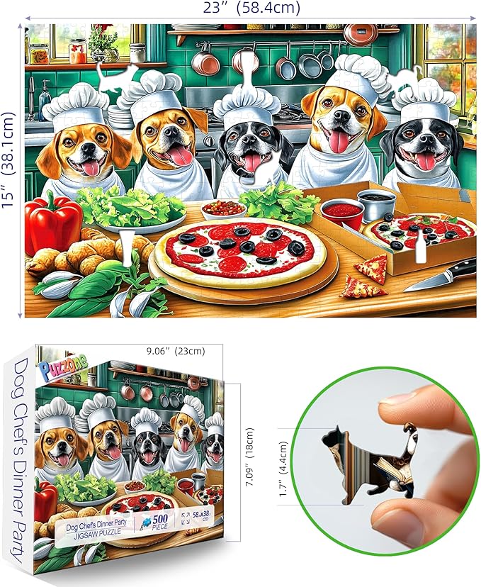 Puzzles for Adults 500 Pieces, Funny Puppy Animal Jigsaw Puzzles Pizza Theme Food Kitchen with Letters on Back for Family Decoration, Gifts, Party Game, Finished Size 23" x 15"