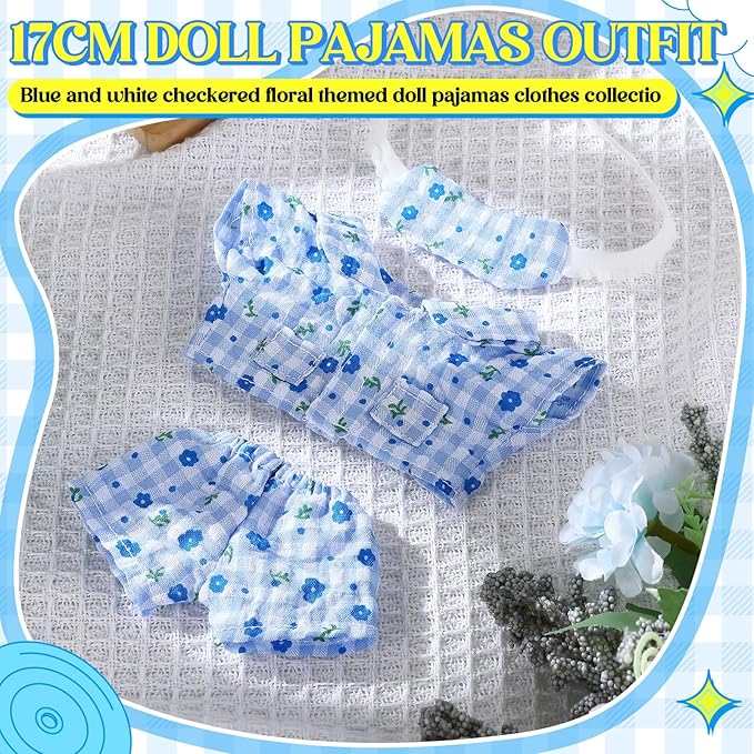 Simgoing 17cm Doll Clothes Pajamas Set with Pants Eye Mask Good Night Bedding Clothes Outfit Gifts Fits Most 17cm Dolls Accessories for DIY Dress up Lovers (Blue Floral)