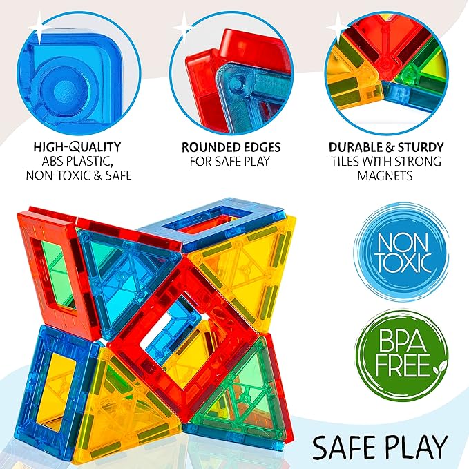 Magnetic Tiles 100 PCS with 2 Cars – Magnetic Building Tiles STEM Toy for Kids Ages 3-8, Magnet Construction Set for Boys & Girls