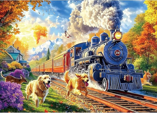 1000 Piece Puzzle for Adults, Vintage Steam Train with Golden Retrievers Dog Jigsaw Puzzles Fall Landscape for Adults Challenging Game, 27.5 x 19.7 Inches