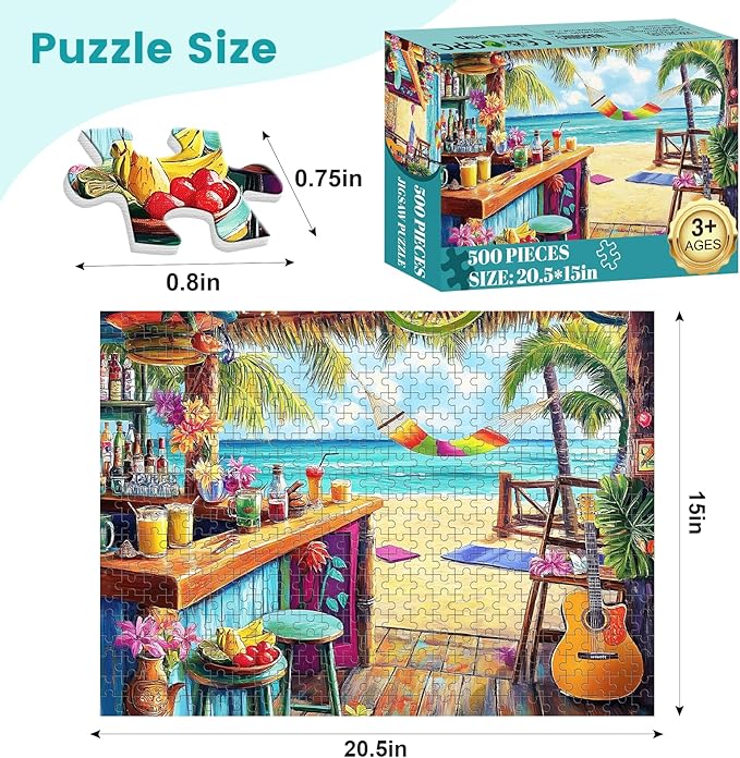 500 Piece Puzzle for Adults, Vacation Jigsaw Puzzle, Seaside Bar Puzzles 500 Pieces Birthday Party for Family Adults Funny Puzzle, Fun and Challenging Family Games 20.5×15 in