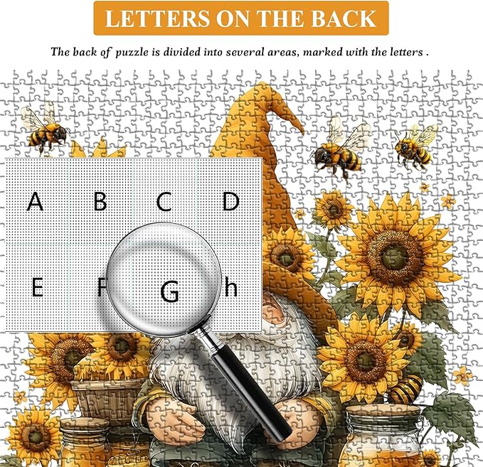 PICKFORU Sunflower Gnome Puzzle for Adults 1000 Pieces, Funny Garden Gnomes Honey Bee Jigsaw Puzzle, Floral Nature Themed Challenge for Adults Art