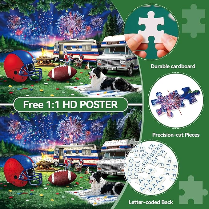 500 Pieces Puzzle for Adults, Puzzles for Adults 500 Pieces, American Football Camping Fireworks Dog Jigsaw Puzzle, Challenging Perfect for Game Nights, 20.5 X 15 in