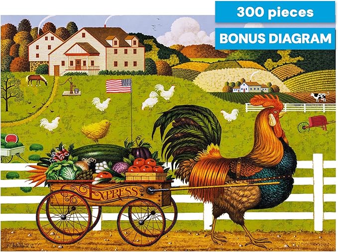 Buffalo Games – 300 Charles Wysocki: Rooster Express Oversized Piece Jigsaw Puzzle Larger Shapes - Great for Adults, Seniors, Family, Kids, Easy to Grip