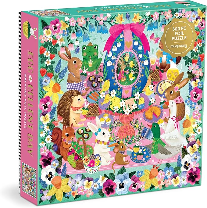 Mudpuppy Egg-Cellent Day – 500 Piece Family Foil Jigsaw Puzzle with Colorful and Fun Illustrations of Adorable Animals During Easter for Children Ages 8 and Up