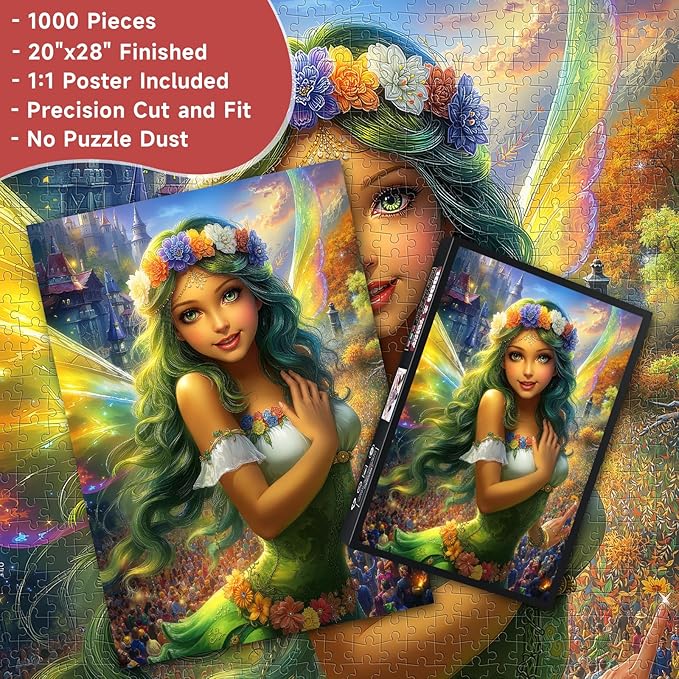 Enchanted Forest Fairy Queen 1000 Piece Jigsaw Puzzle for Adults - Fantasy Castle Festival Scene with Iridescent Wings, Poster & Lettered Back, 20"x28" HD Quality, Gift for Fantasy Lovers