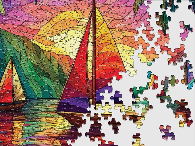 Springbok Tropical Sailing 500 Piece Square Jigsaw Puzzle for Adults - Poster Now Included - Stained Glass Sail Boat - Unique Cut Pieces - Made in USA