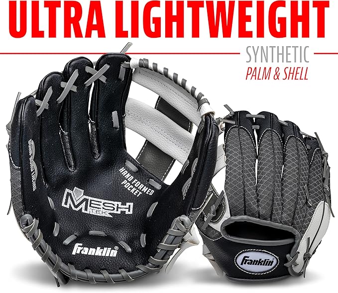 Franklin Sports Kids Baseball Glove + Foam Ball Sets - Meshtek Youth Teeball Gloves for Kids + Toddlers - Left + Right Hand Throw - 9.5" Inch