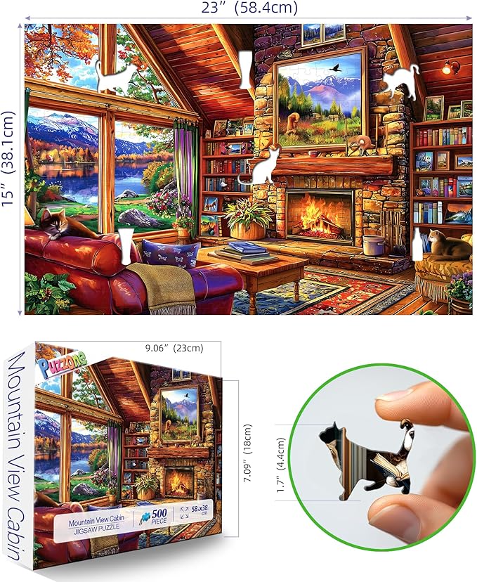 Cabin Living Room 500 Piece Jigsaw Puzzles for Adults Autumn Mountain Lake View Puzzle with Letters on Back Perfect for Game Night Scenic Landscape Puzzle Home Decor & Relaxing Gift- 23x15 Inch