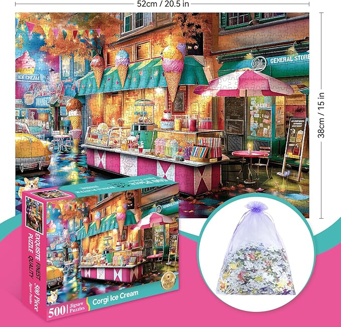 Jigsaw Puzzle, 500 Piece Jigsaw Puzzle for Adults, Spring Street Ice Cream Dog Puzzle, Perfect for Game Nights, Finished Size is 20.5 x 15 in