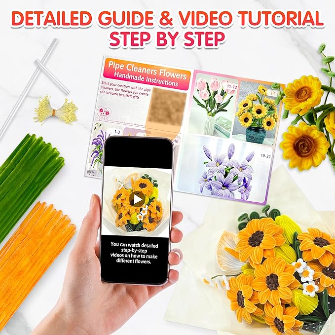 LINAYE 500 PCS Pipe Cleaners Craft, 6 Colors Pipe Cleaners Flowers Kit, Chenille Stems for Crafts with Instruction Wrapping Paper, Stems Art and Craft Supplies Yellow