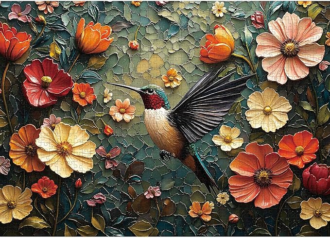 Puzzles for Adults 1000 Pieces, Vintage Flower Hummingbird Jigsaw Puzzle 1000 Pieces, Retro Bird Nature Art Themed Hard Puzzles with Letters on Back for Family Game Gift, 1:1 Poster