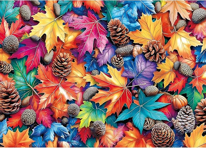 Colorful Fall Leaves and Pine Cones Jigsaw Puzzle, 1000 Pieces, Nature Theme, Family Entertainment