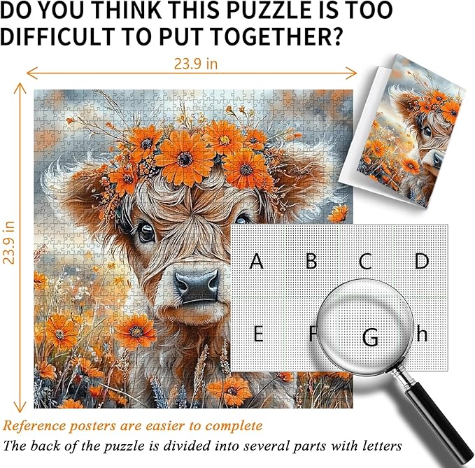 PICKFORUF Floral Calf 1000 Piece Puzzle for Adults,Orange Flower Cute Cow Jigsaw Puzzles 1000 Pieces,Nature Wildflower Grassland Animal Puzzle