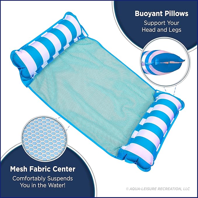 Aqua 4-in-1 Monterey Hammock Pool Float & Water Hammock, Multi-Purpose, Inflatable Pool Floats for Adults, Patented Thick, Non-Stick PVC Material, One Light Blue & One Navy/White Stripe, 2-Pack
