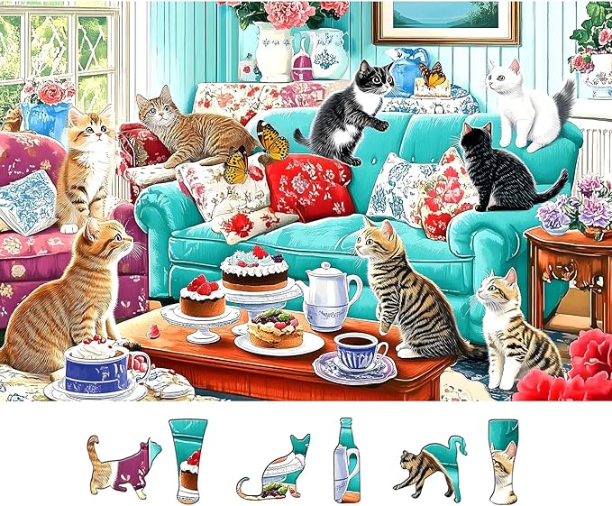 Spring Cats Tea Party 500 Piece Puzzle for Adults, Fun Puzzles for Adults 500 Pieces with HD Print & Poster, 23" X 15" in Dust Free, for Gifts Party Halloween Christmas Family Games