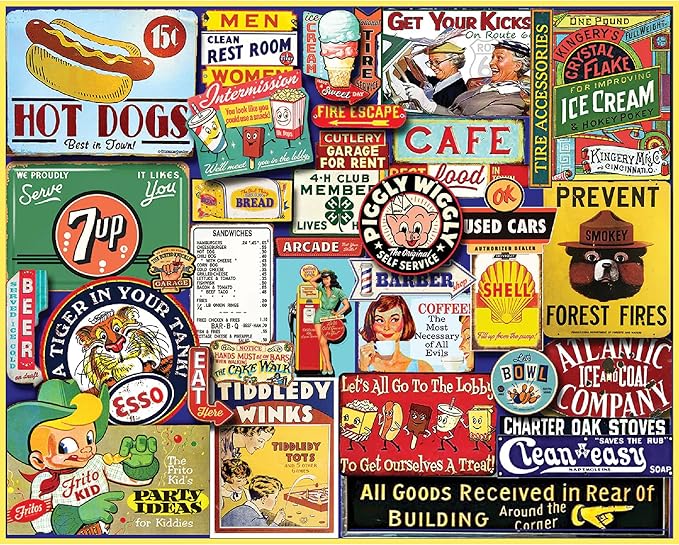 White Mountain 1000 Piece Jigsaw Puzzle Vintage Sign Collage Puzzles with Large Pieces Gift for Adults and Family 24"x30" - Signs of The Past