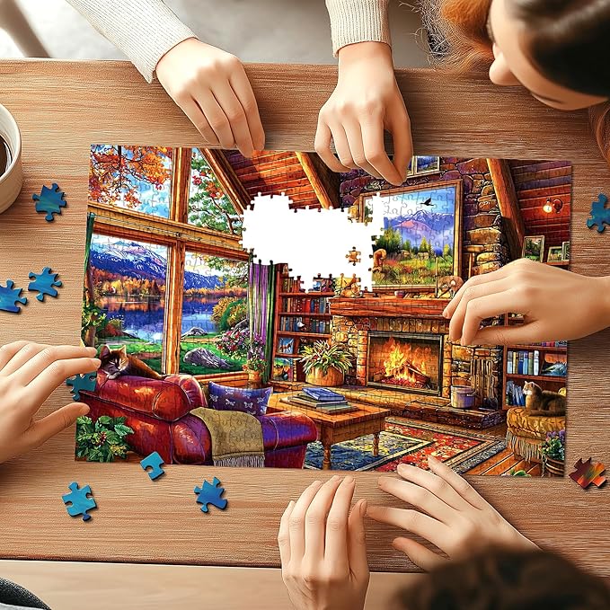 Cabin Living Room 500 Piece Jigsaw Puzzles for Adults Autumn Mountain Lake View Puzzle with Letters on Back Perfect for Game Night Scenic Landscape Puzzle Home Decor & Relaxing Gift- 23x15 Inch