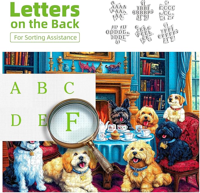 1000 Pieces Puzzles for Adults, Cozy Library Dogs Jigsaw Puzzle - Dogs' Dinner Party with Books & Fireplace for Adults and Teens Family Challenging for Game Nights (27.5 x 19.7 Inch)