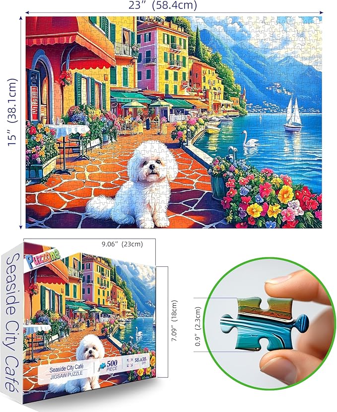 500 Pieces Puzzles for Adults, Lakeside Town - Seaside City Cafe with Dog Clearance Jigsaw Puzzle for Party Game Family Decoration Gifts, Finished Size 23" x 15"