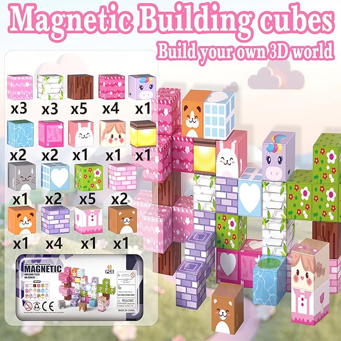 Magnetic Building Blocks - 40 PCS Animal Cubes Set with Cats Bears Unicorns & Storage Case, 2cm STEM Educational Toys for Kids Ages 3-8